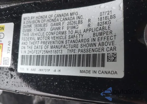 2022 Honda Civic Lx z USA, uszkodzony, nr VIN 2HGFE2F25NH518013